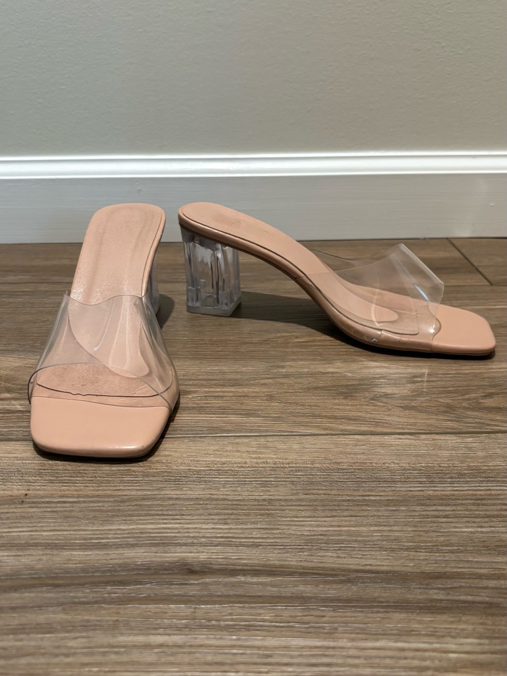 Clear Strap Nude Block Heel Mules